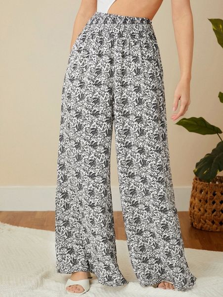 

allover floral wide leg pants s9de#, Black;white