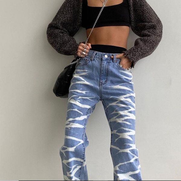 

women's jeans cow striped print women high waist denim straight pants korean fashion indie style milk all-match casual trousers, Blue