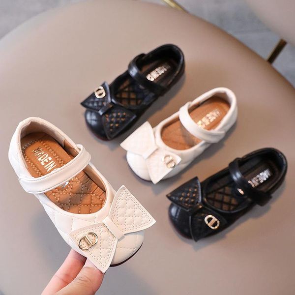 

flat shoes girl princess for girls kids butterfly knot flats british style soft bottom leather mary janes dress, Black;grey