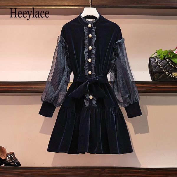 

casual dresses spring french retro velvet women dress vintage ruffles lantern sleeve a-line voile warm temperament mini plus size, Black;gray