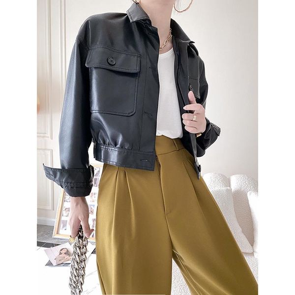 

women's leather & faux ja0041 black long-sleeved lapel pu jacket