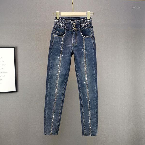 

women's jeans 2021 spring autumn high waist blue denim pants drilling street cotton stretch skinny blingbling