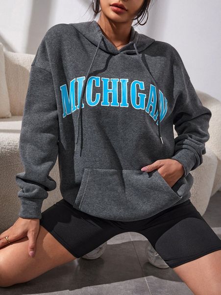 

letter graphic drop shoulder drawstring hoodie e3bm#, White;black