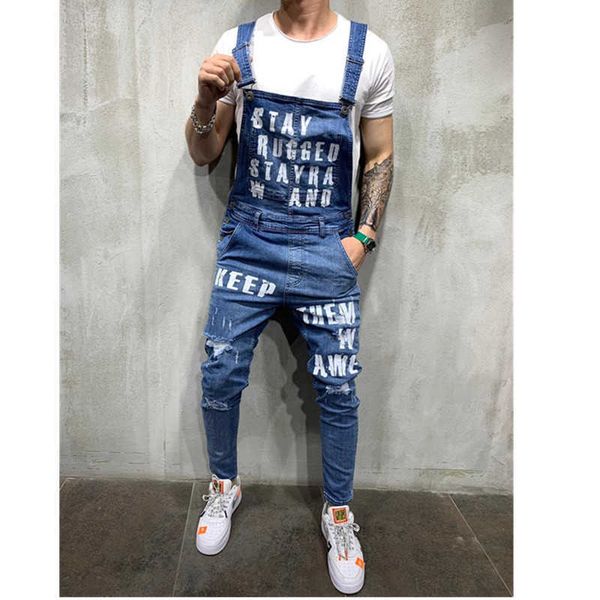

2020 men's letters printing jeans hip hop slim men's ripped jeans jumpsuits street distressed denim bib overalls for man x0621, Blue