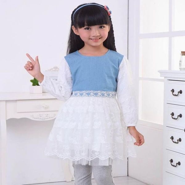 

girl's dresses girls denim lace dress elegant kids long sleeve princess for children christmas party baby 3-12y, Red;yellow