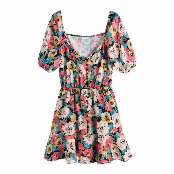 

summer women flower printing square collar mini dress female puff sleeve clothes casual lady slim vestido d7663 210430, Black;gray