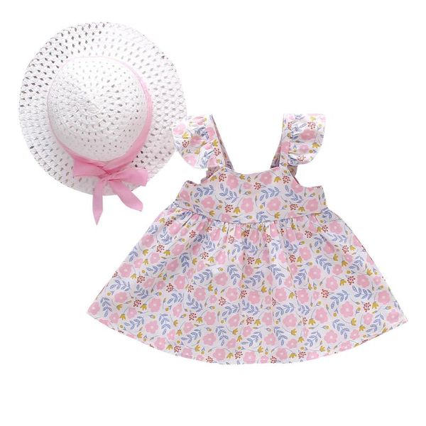 

girl's dresses 2021 summer baby girls for toddler kids suspenders floral princess dress hat clothes bow casual outfits, Red;yellow