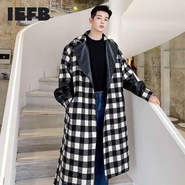

iefb black white plaid long woolen clothes with belt men's autumn winter design fashion oversize patchwork pu leather coat 210524