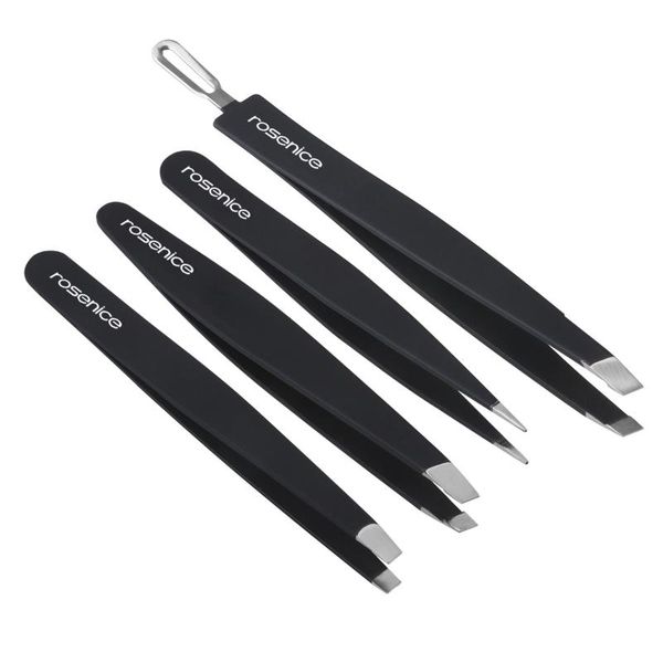 

eyebrow tools & stencils rosenice 4pcs professional 401 stainless steel slant tip precision tweezers kit with rubber painted (black)