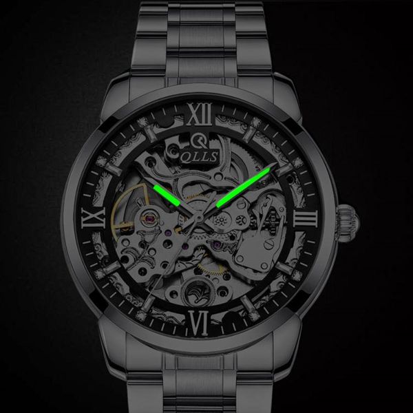 

wristwatches qlls double sided hollow men's mechanical watches automatic luxury luminous waterproof clock men stainless steel wristwatc, Slivery;brown