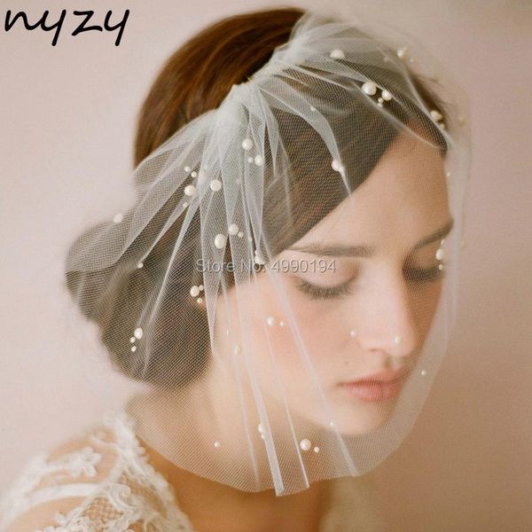 

bridal veils nyzy v9 real pearls ivory birdcage veil blusher short wedding with comb voile velo novia 2021, Black