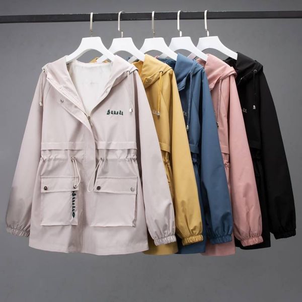 

women's trench coats spring autumn jacket women 2021 wild casual windbreakers female short hooded plus size loose zipper pocket, Tan;black
