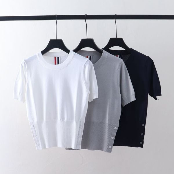 

t shirt 2021 summer college tb stripe short sleeve ice silk knitted women's back ribbon stitching fashion, White