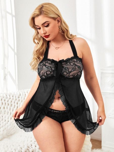

plus mesh ruffle trim slips with thong i8ju#, Black;white