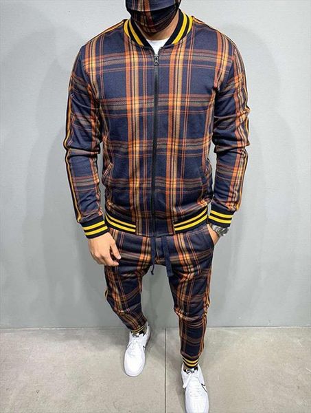 

autumn european american zipper men tracksuits cardigan coat fashion sport trousers casual grid suits 2 piece brand clothing, Gray