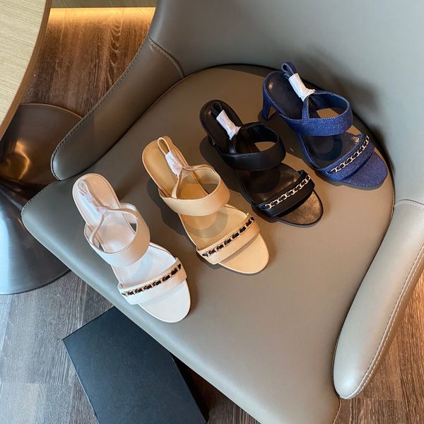 

round toe women chain decor sandals genuine leather claasic shoes woman buckle strap high heels 80% off outlet online sale, Black