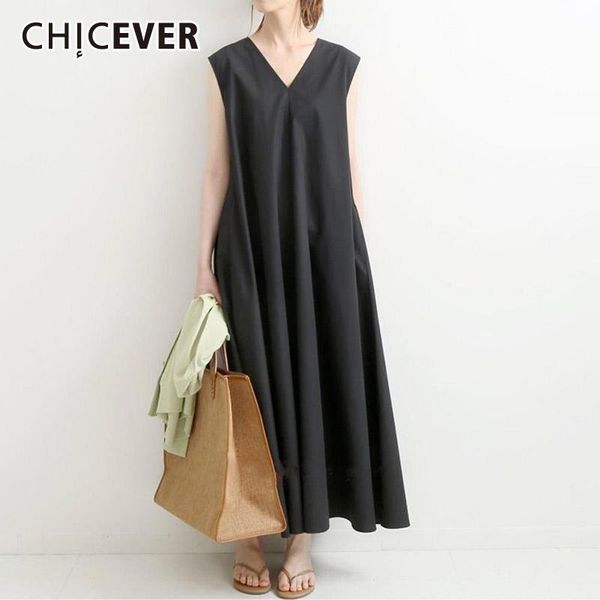

casual dresses chicever dress for women v neck sleeveless tank loose ruched oversized solid a line female 2021 summer clothing, Black;gray
