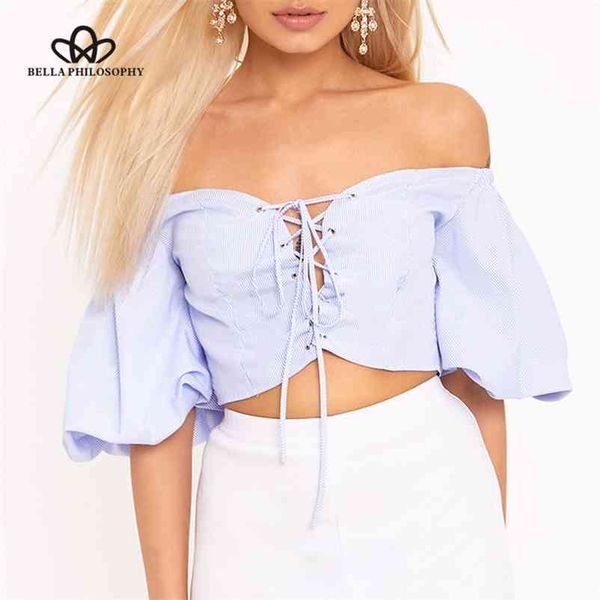 

women summer lace-up off shoulder striped crop shirt 210519, White