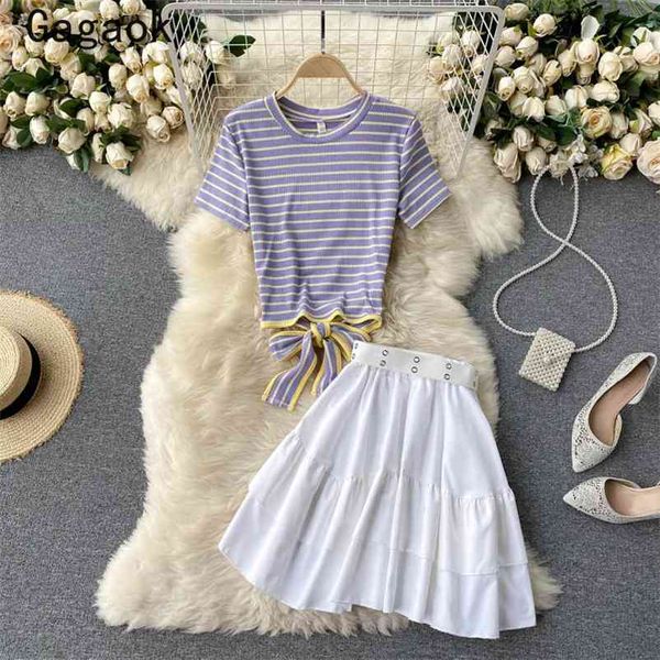 

women two piece set summer fashion casual korean soprt wild outfits striped tshirts + mini pleated skirts 210531, White