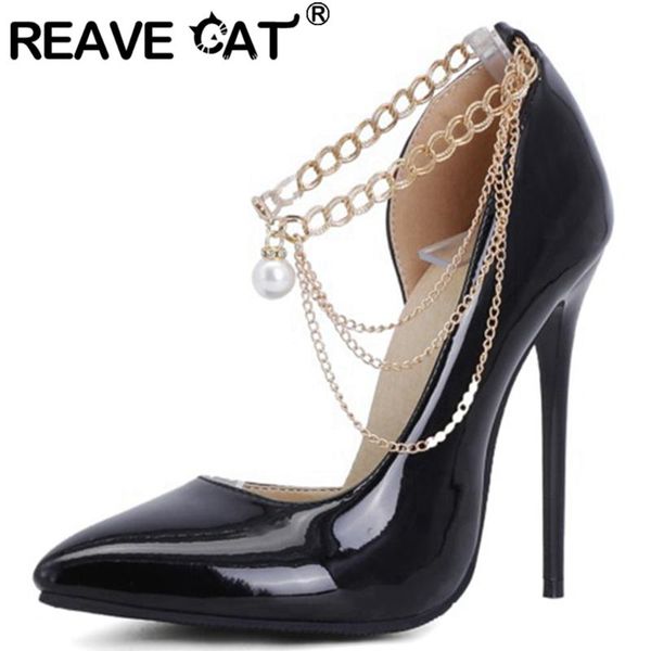 

2021 women pumps pointed toe 12cm high thin heels patent leather chains pearl stylish big size 48 party a3773 dress shoes, Black