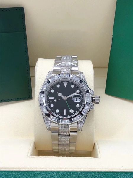 

fashion gmt mens watch automatic mechanical movement wristwatch stainless steel blue red diamond decor men watches, Slivery;brown