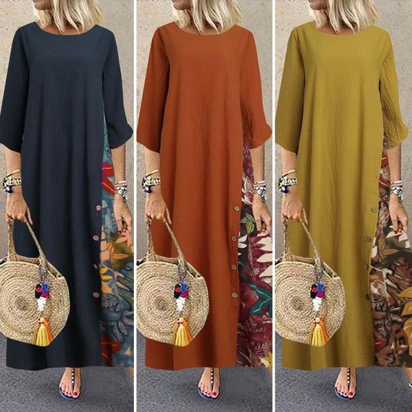 

casual dresses plus size women's patchwork sundress 2021 zanzea vintage printed maxi dress long sleeve vestidos female robe femme 5xl, Black;gray