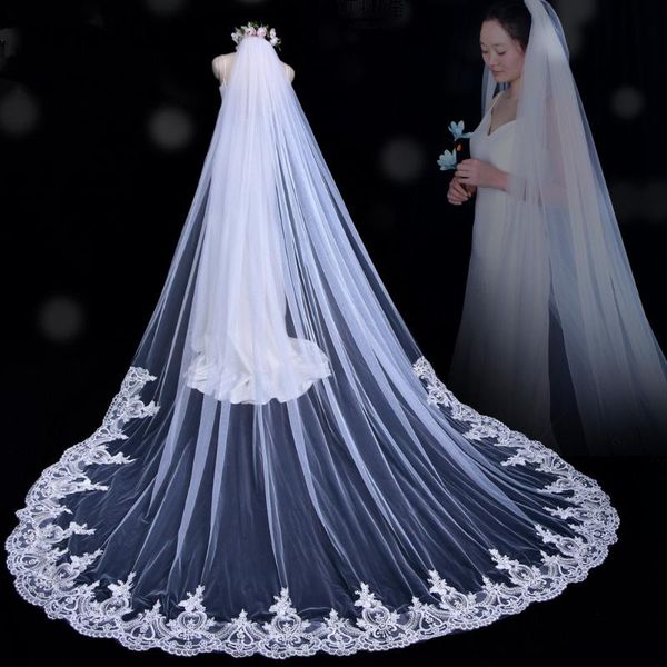 

bridal veils janevini retro european 3m cathedral veil long appliques edge lace one layer wedding with comb voile mariage ivoire, Black