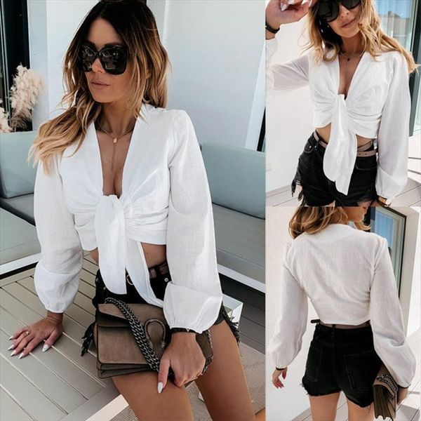 

white deep v neck women blouses lace up long sleeve crop short