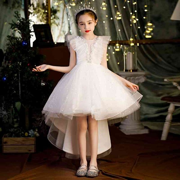 

children's princess flower children's white shawl girl host's piano performance dress, Red;yellow