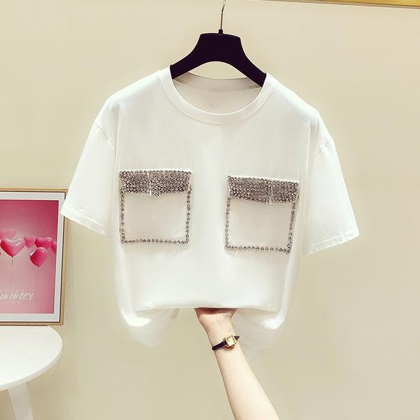 

women's t-shirt casual loose tshirt 2021 summer all-matching rhinestone patch pocket short sleeve fashion tshirts tee, White