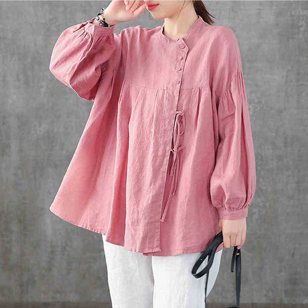 

women's blouses & shirts spring arts style women long sleeve loose o-neck lacing design cotton linen blouse femme blu 5co2, White