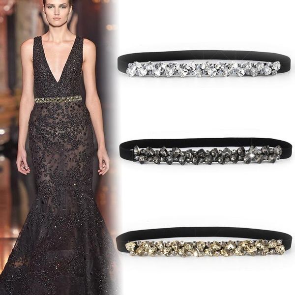 

belts women sparkling black/white/brown crystal rhinestone elastic stretch waistband belt for ladies dresses, Black;brown