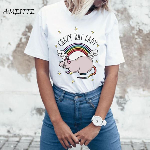 

super crazy rat lady print t-shirt fashion women short sleeve animal cartoon design casual girl cute summer white tees women's