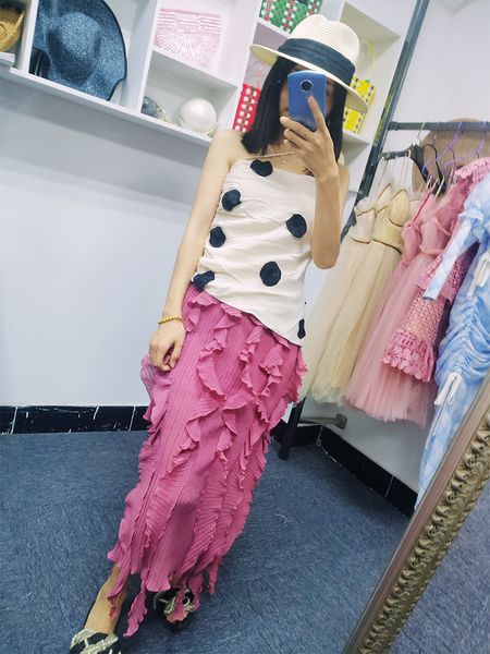 

skirt miyake fashion fold pure color twill design waist fungus solid skirt, Black