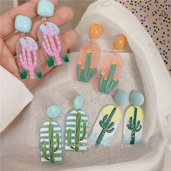 

dangle & chandelier korean fashion geometric big rectangle colorful cactus acrylic long earrings for women girl lovely plant patter earings, Silver
