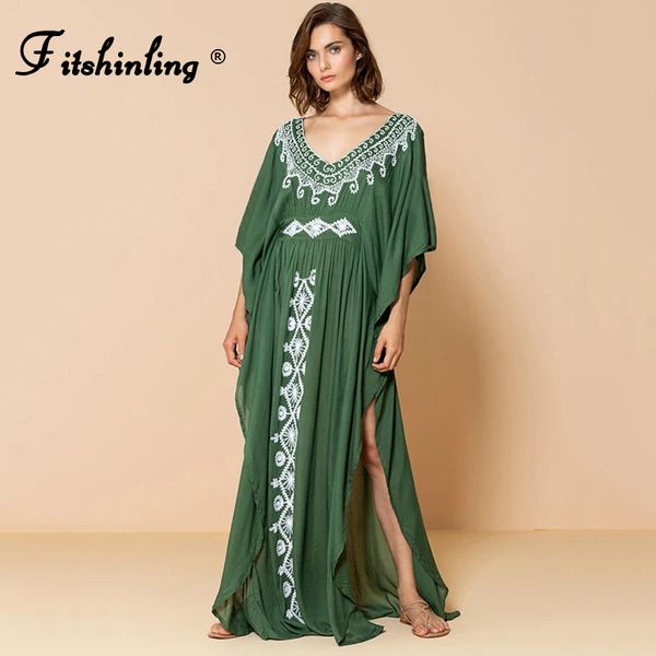 

fitshinling embroidery vintage maxi dress side splice bohemian cotton oversized kaftan summer robe holiday loose beach pareos