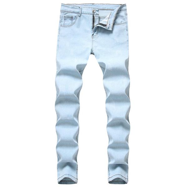 

men's jeans style knee holes trousers slim fit feet casual pants, Blue