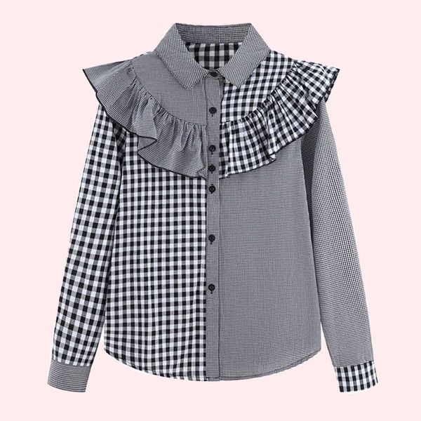 

women's blouses & shirts estilo japons blusa primavera moda coreana temperamento casual trelia emenda plissado nico-breasted manga long, White