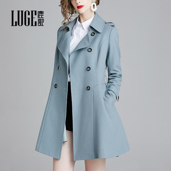 

women's trench coats 2021 autumn women's fashion lapel long sleeve coat with thin waist and double breasted medium windbreaker, Tan;black