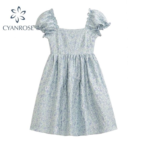 Sommer Französisch Prinzessin Pompous Kleid Vintage Gedruckt Elegante Quadratische Kragen Kurzarm Hohe Taille Weibliche Casual 210515