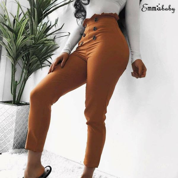 

women's pants & capris fashion women high waist bandage ruffles style ladies button skinny trousers pencil long, Black;white