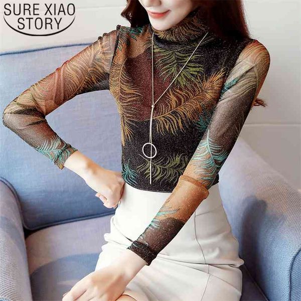 

autumn fashion women blouses long sleeve turtleneck casual printed elegant clothing 5622 50 210506, White