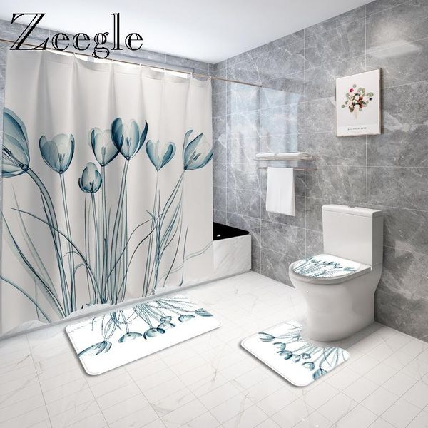 

bath mats floral printed home decor bathroom carpet rug mat set polyester waterproof shower curtain toilet anti-slip foot