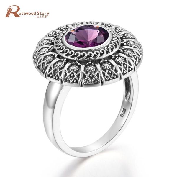 

cluster rings amethyst ring flower round women silver 925 vintage carve white gold prong setting wedding 2021 brand fine jewelry, Golden;silver