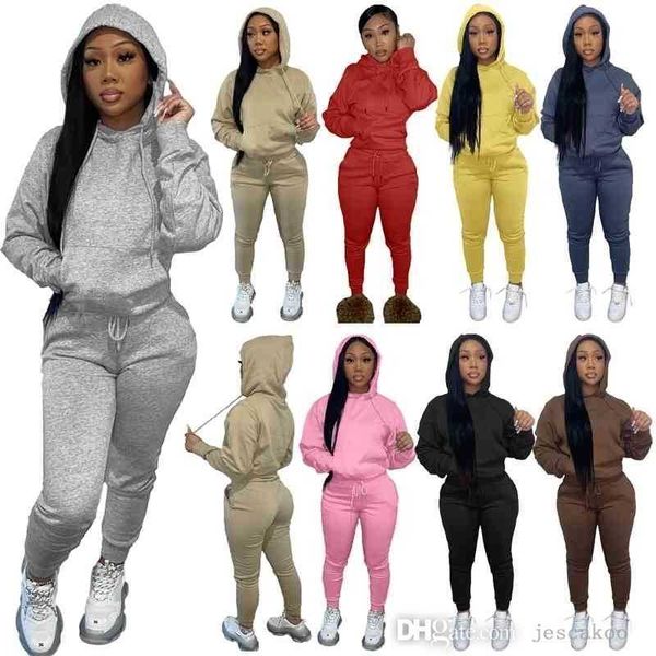 Plus Size Mulheres Chapúsculas Com Capuz 2 Piece Calças Definir Sólido Color Sportswear Outfits Pulôver Sweatpants Jogger Terno Queda Inverno