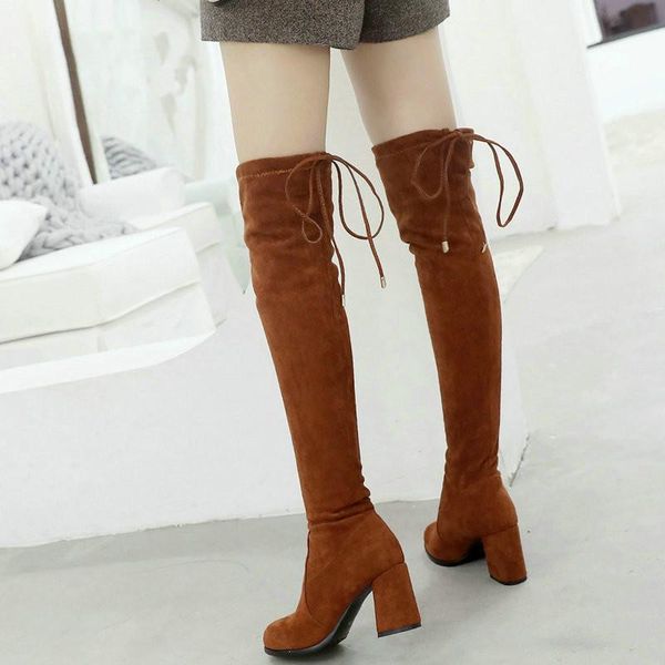 

boots women stretch knee high slip on flock leather square heels over the autumn winter fashion shoes, Black