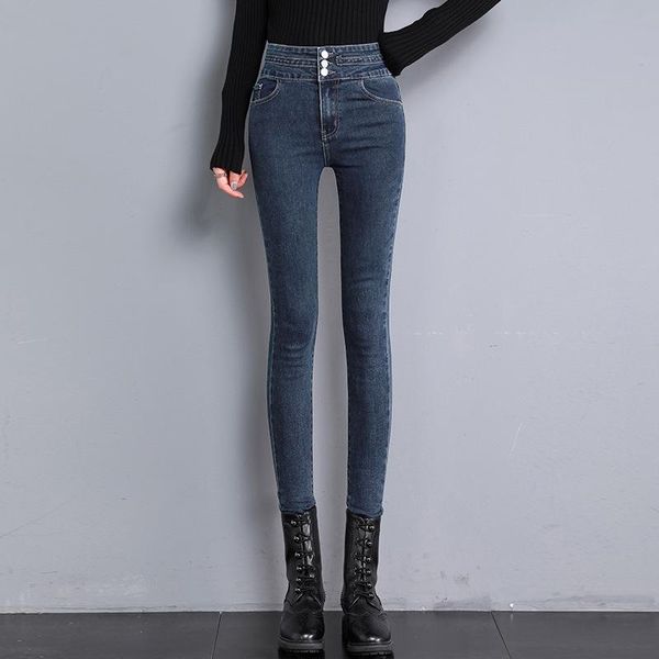 

women cotton high waist jeans multi-button push up hip pencil lift skinny denim pants slim fit stretch female jean trousers women's, Blue