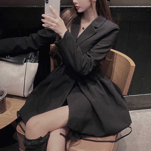 

black blazer dres long sleeve autumn mini elegant party female high waist korean club office lady 210604, Black;gray