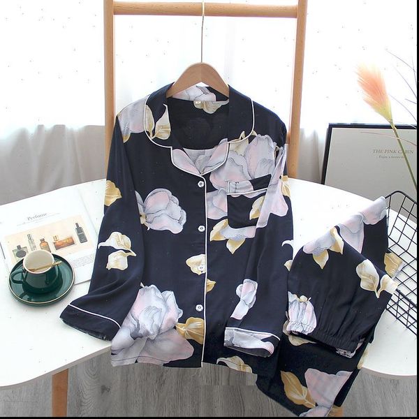 

style spring and autumn pure womens sleepwears cotton silk pajamas suit long sleeved floral artificial home service women, Black;red