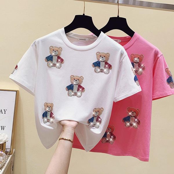

women's t-shirt elegant drilling cartoon bear t shirt women white short sleeve femme o-neck cotton tshirt 2021 summer